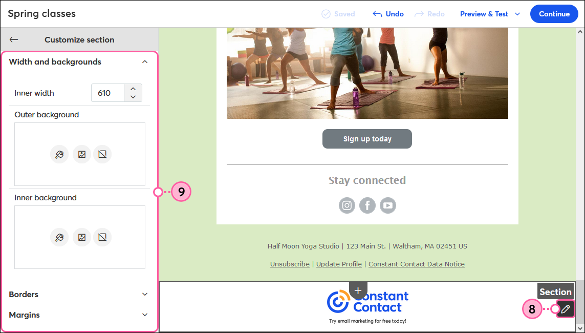 Logo in email footer with pencil icon and Customze Section panel options