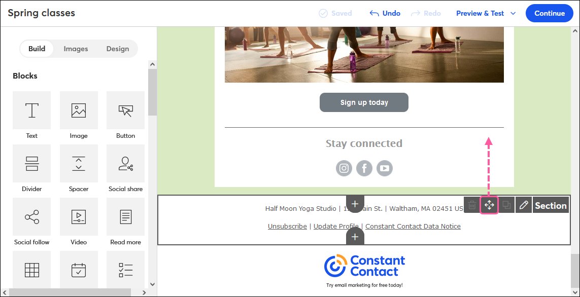 Email footer block with Move arrows