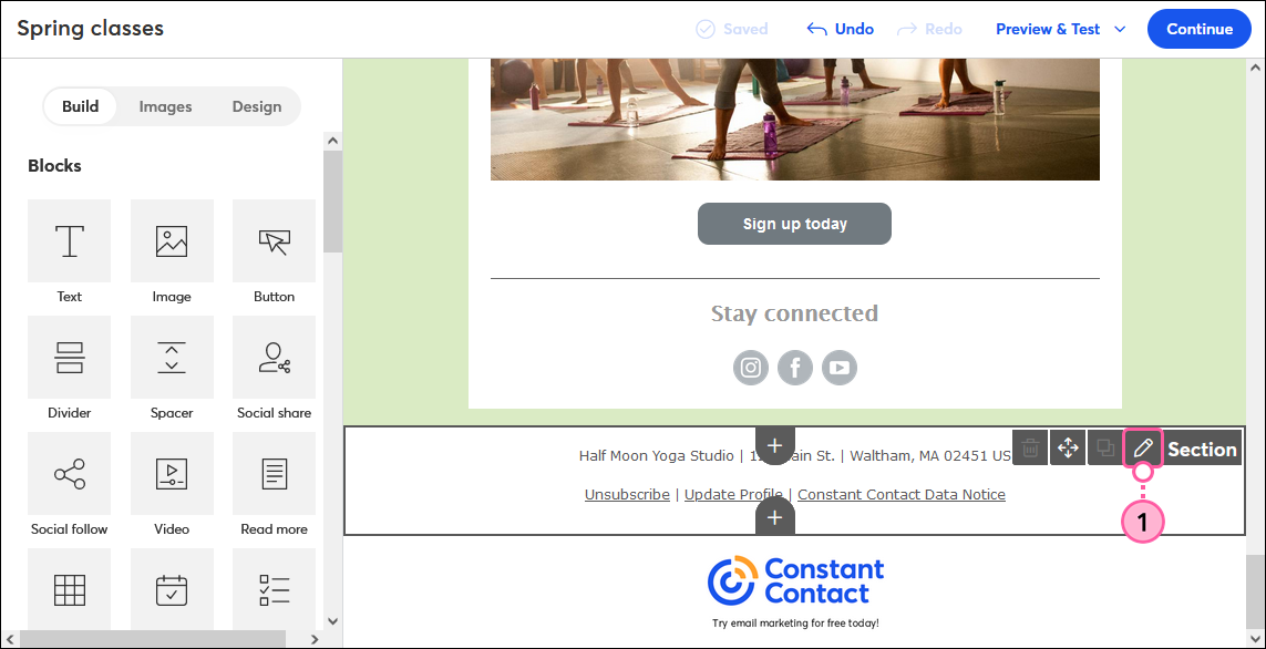 Email footer block with pencil icon
