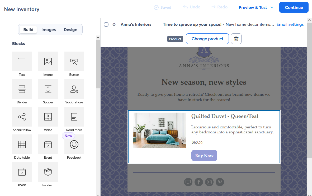 Email editor with Product block inserted