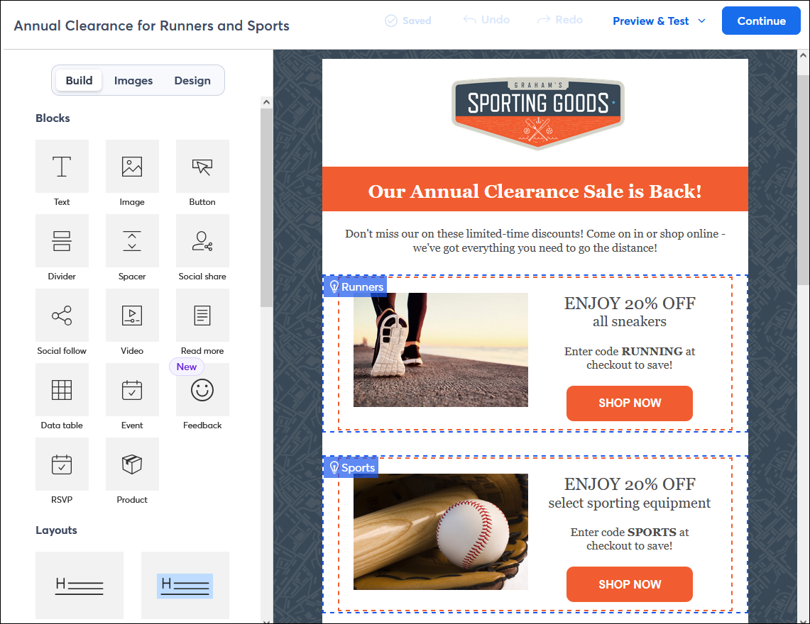 Email editor with dynamic content blocks