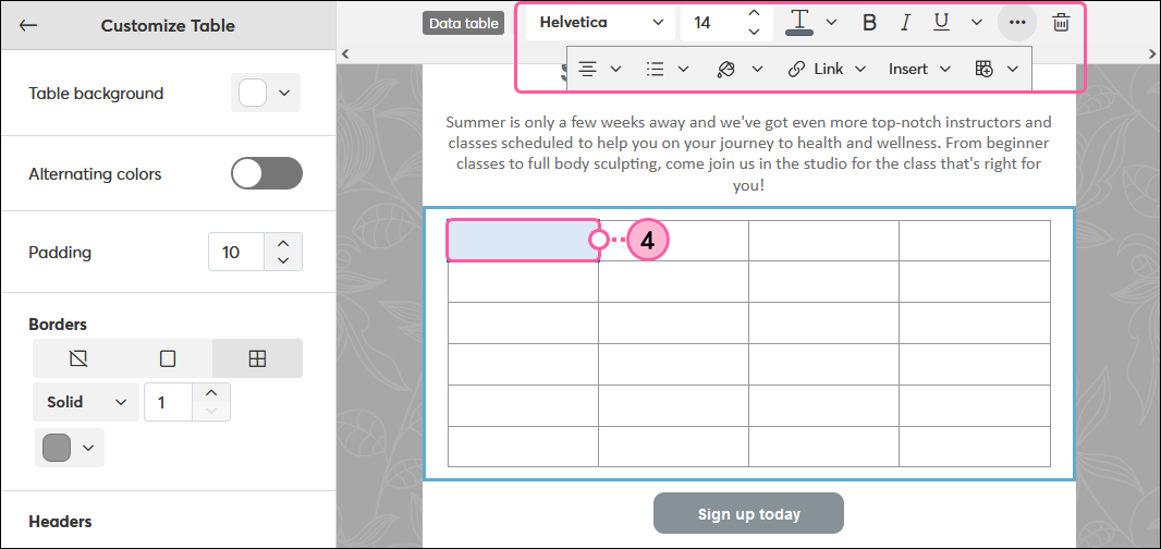 Empty table cell with text toolbar
