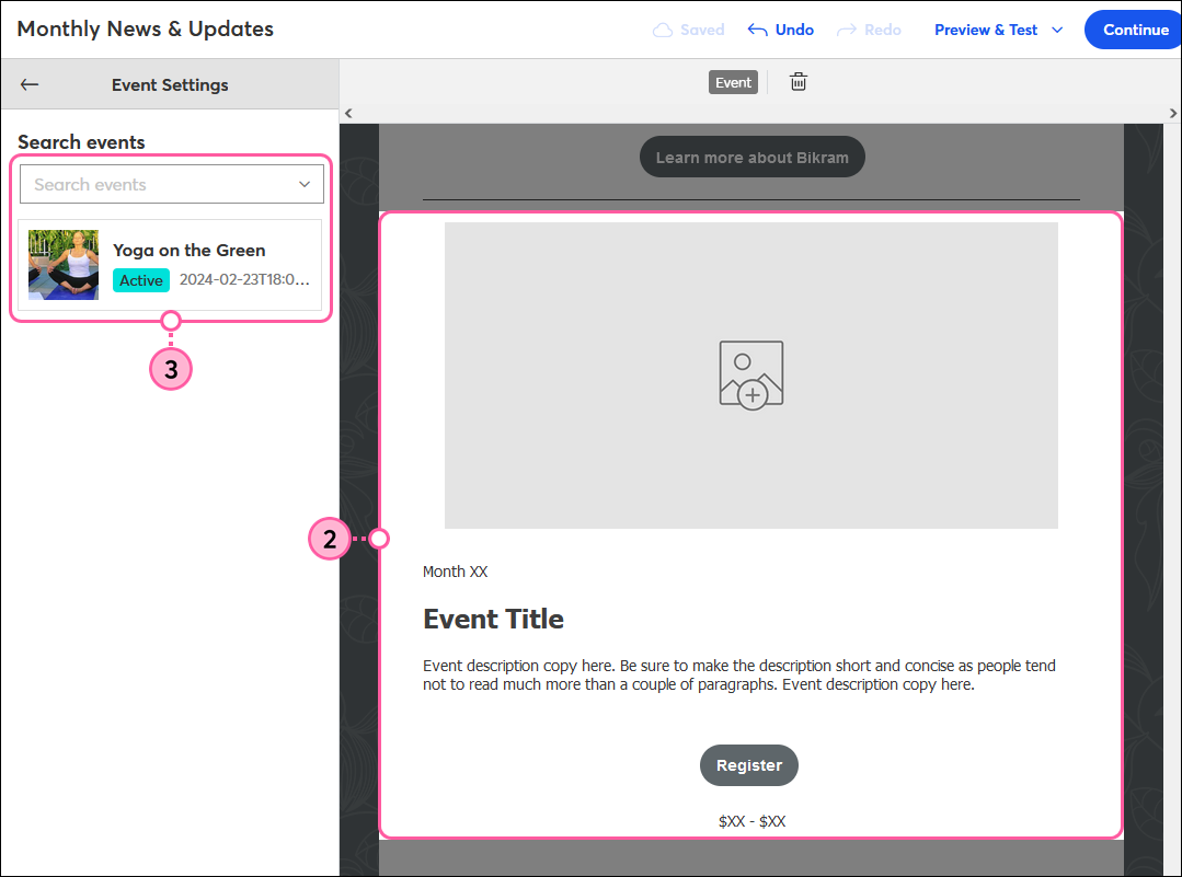 Event block selected with Event Settings panel open