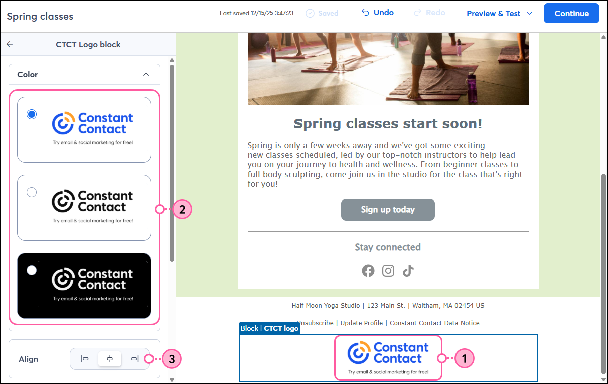Constant Contact logo in email footer, logo color options, and Align option
