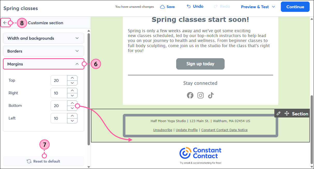 Email footer, Customize SEction panel, Margins options, and Back arrow