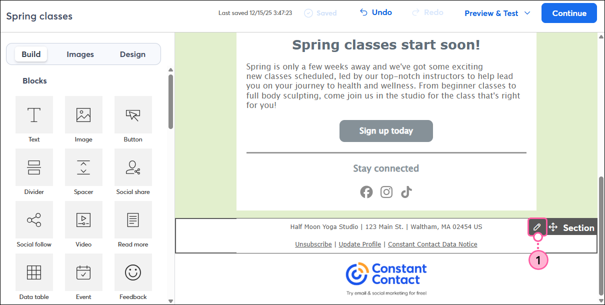 Email footer block with pencil icon