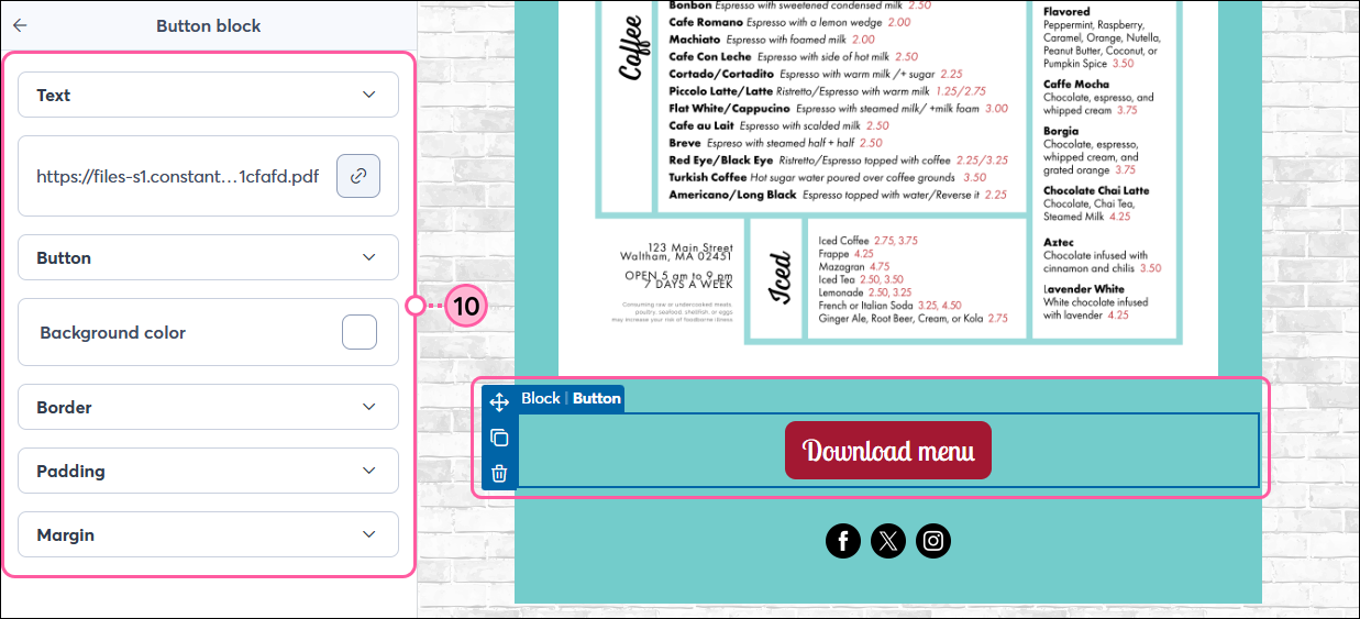 Email editor with Button menu expanded