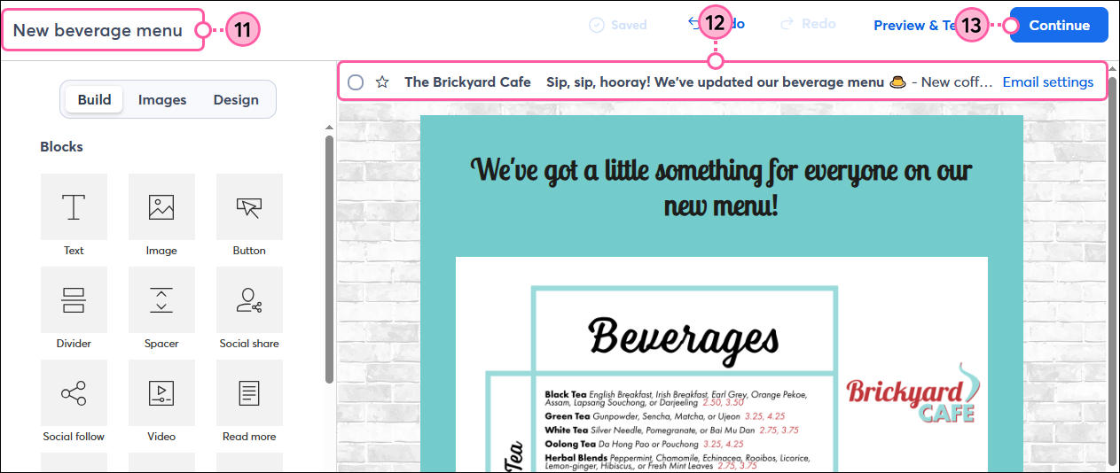 Email editor with email name field, email header, and Continue Button