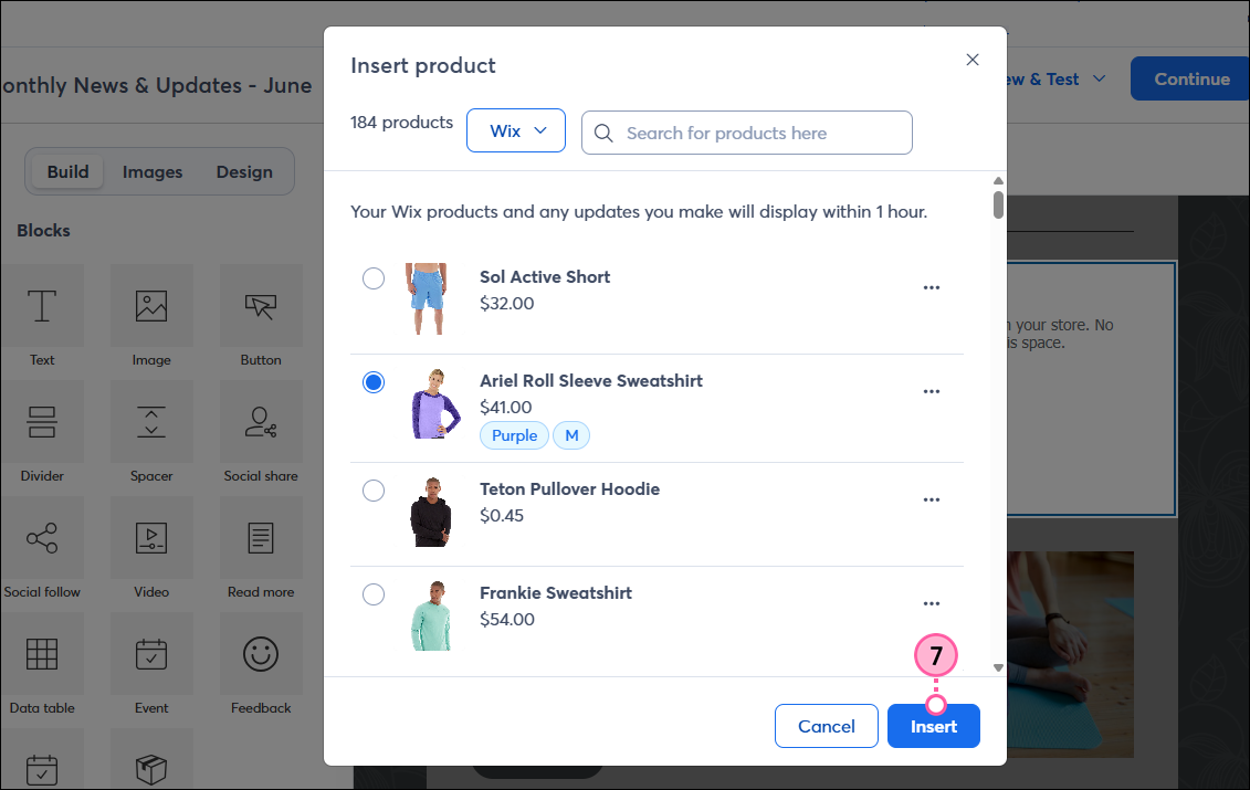 Product and variants selected, Insert button