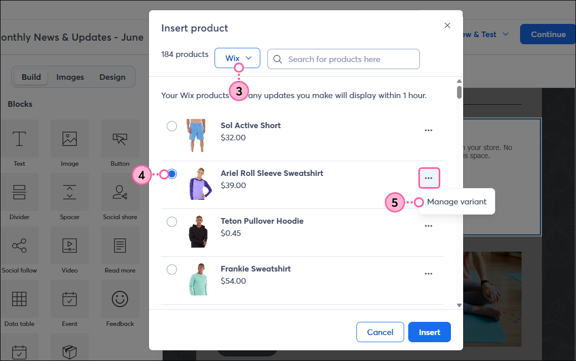 Store dropdown, select product, and Manage Variants button