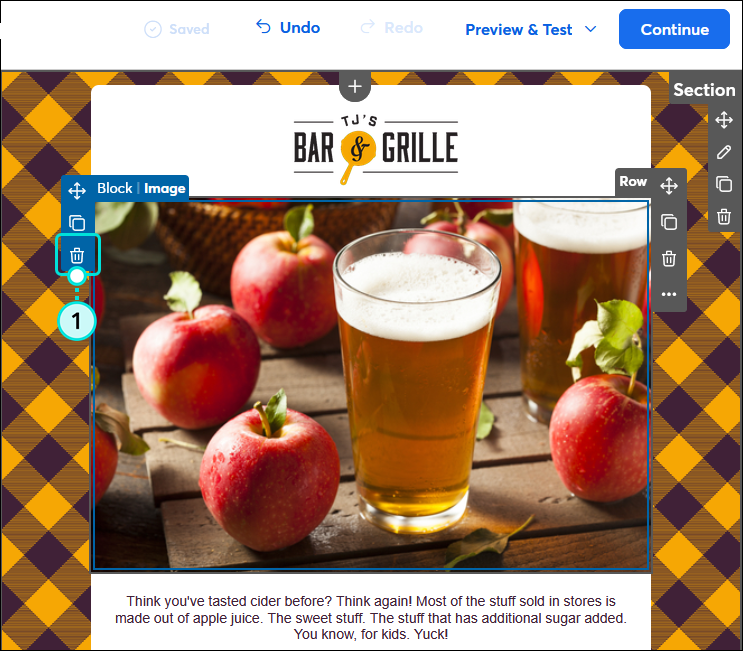 Email editor with Image toolbar and Delete button