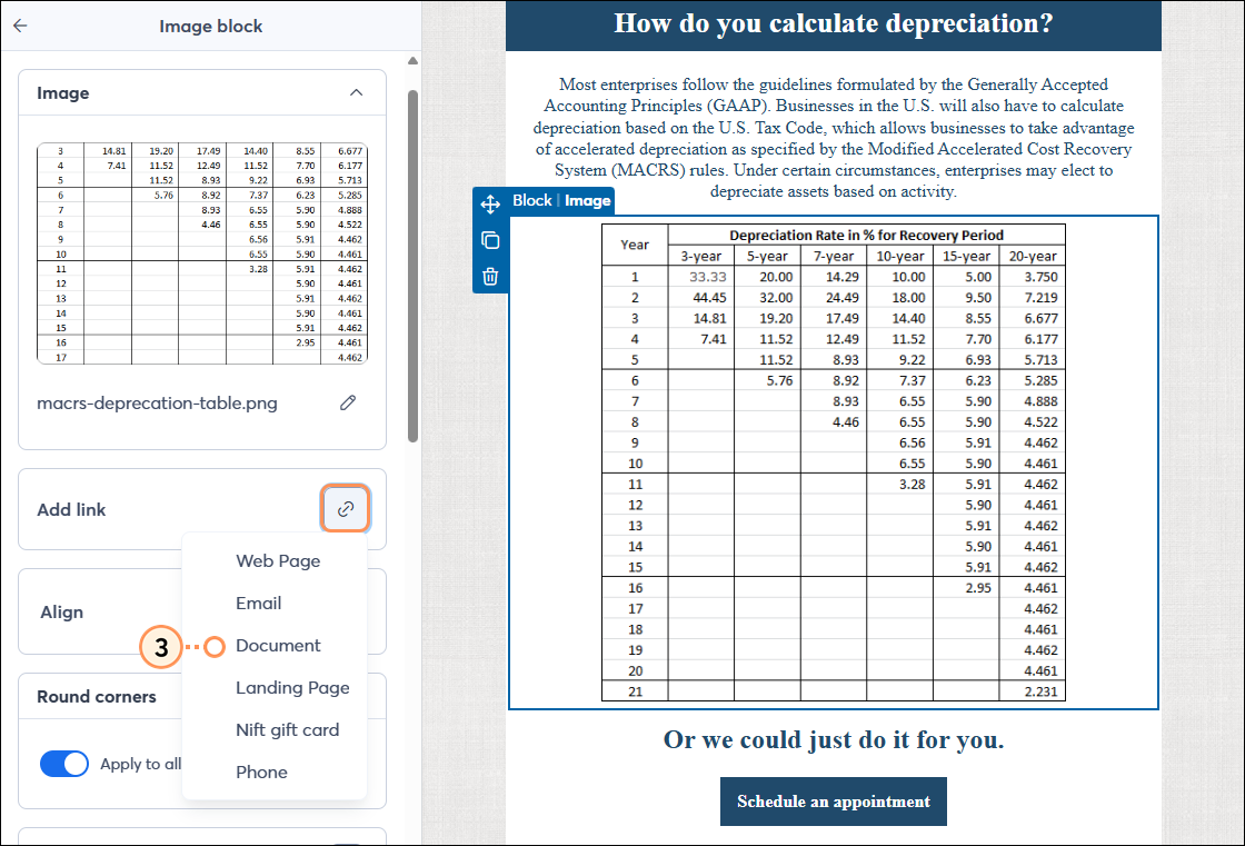Menú desplegable Link (Vincular) y opción Document (Documento)