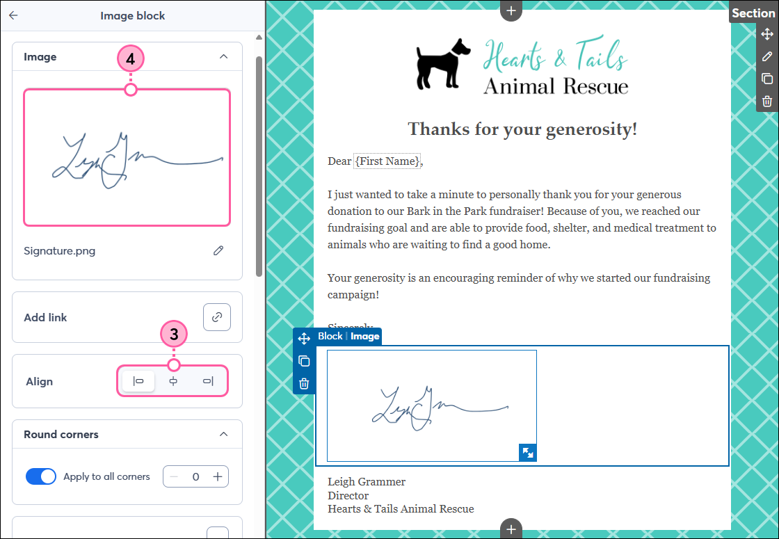 Image toolbar with Alignment drop-down menu expanded and Replace button