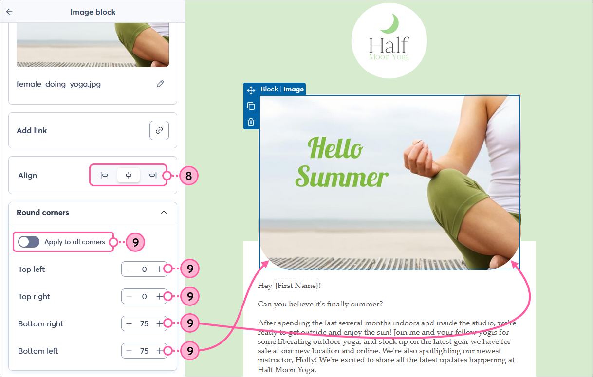 Panel del bloque de imagen con opciones Align (Alinear) y Round Corners (Redondear esquinas)