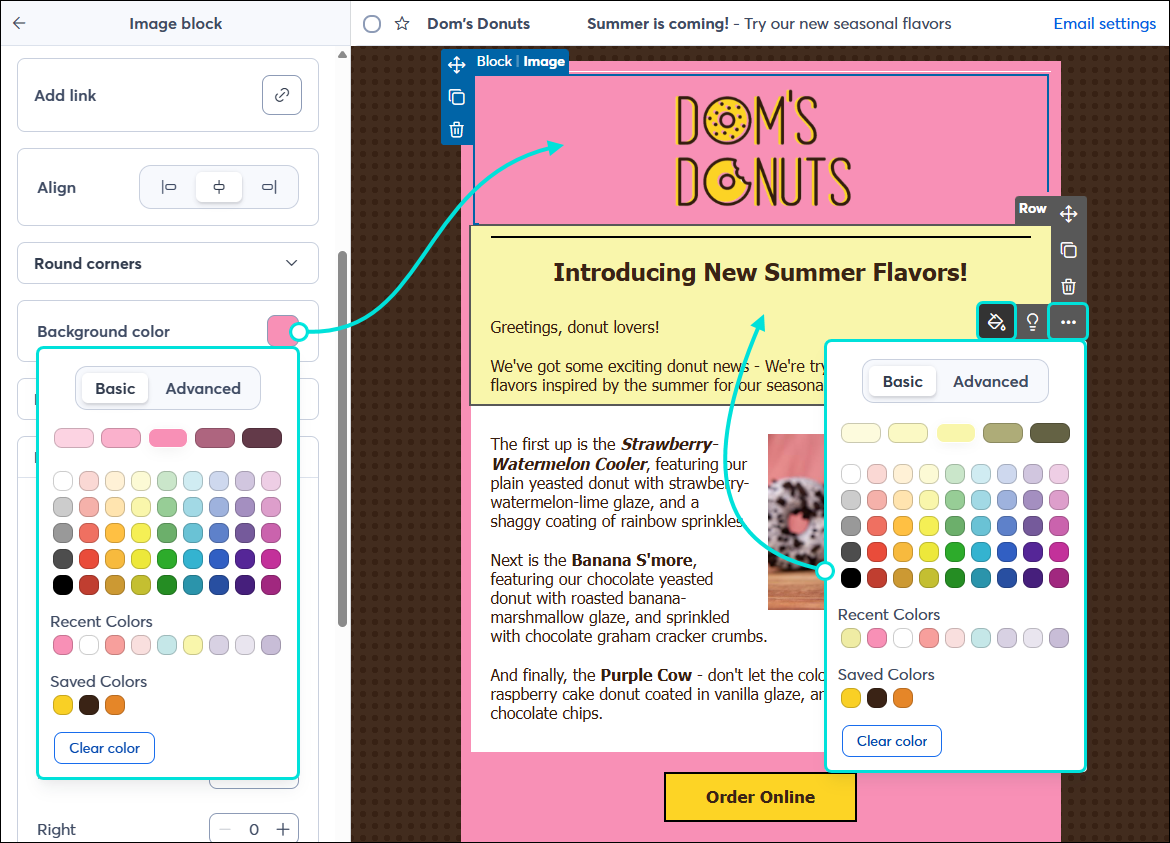 Email editor with Design tab selected, Row menu with Settings menu expanded, background color option selected, and color palette expanded