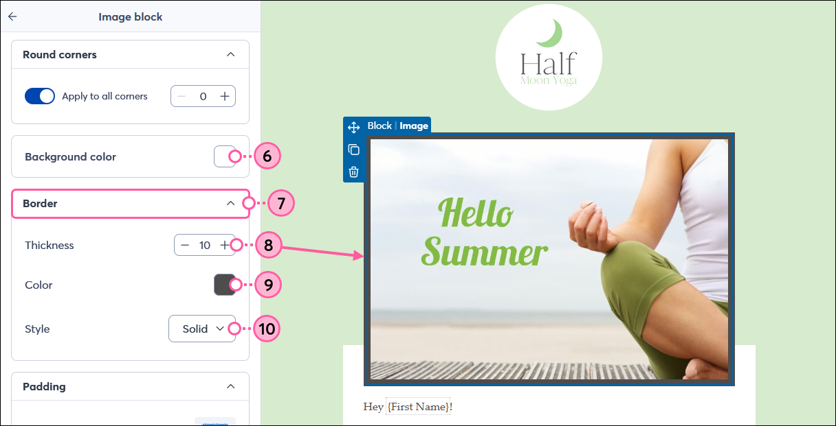 Image block panel with Background Color and Border options