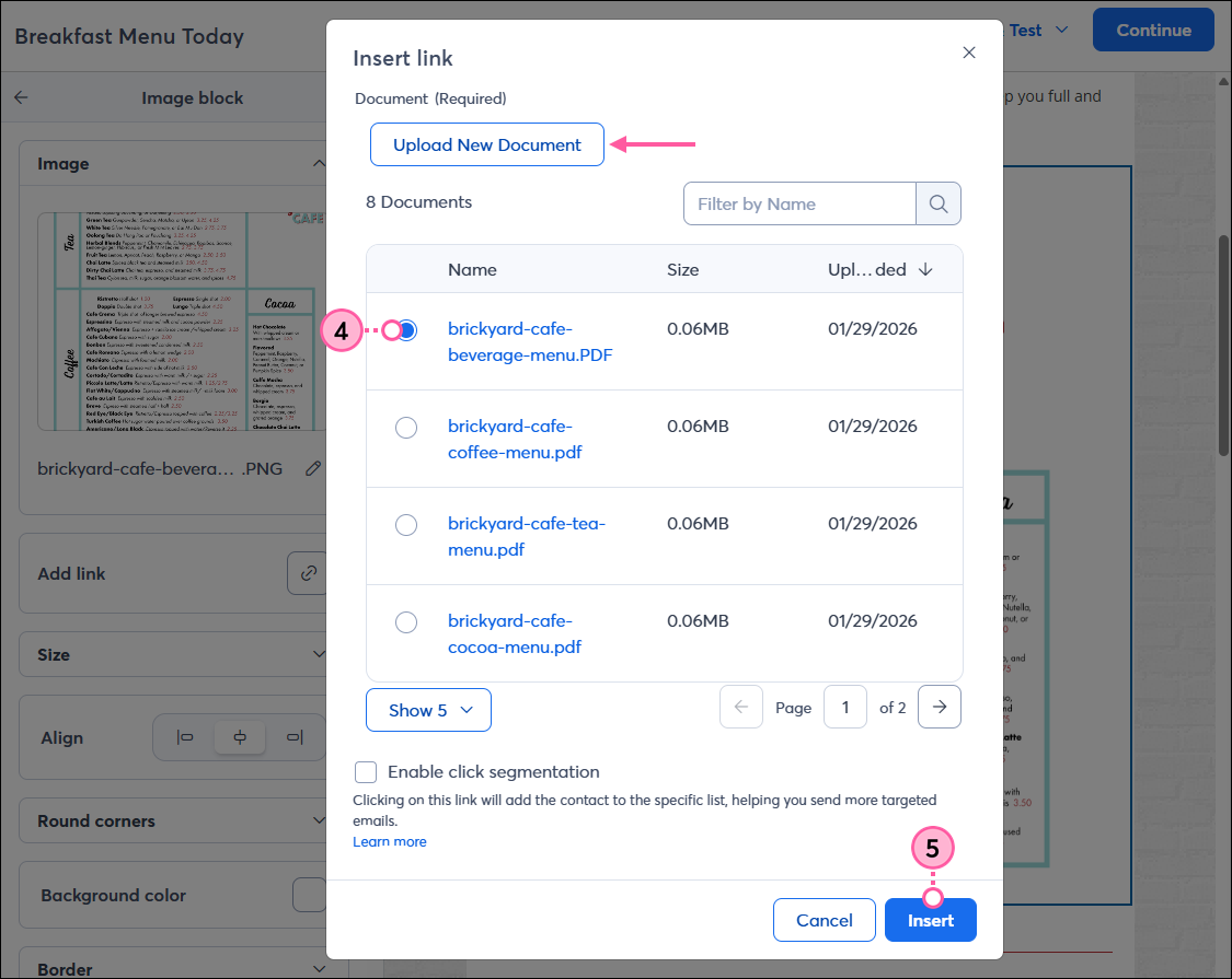 Upload New Document button, Document Selected and Insert Button