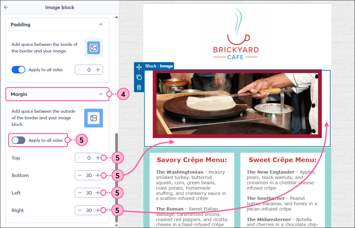 Email editor with Image block panel and Margin options