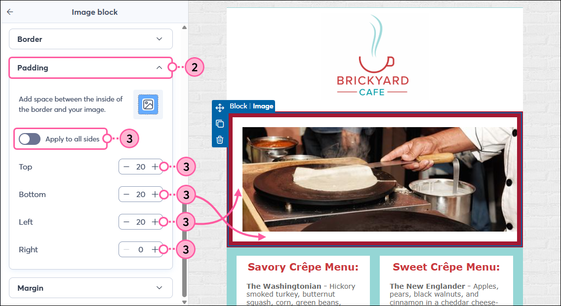Email editor with Image block panel and Padding options