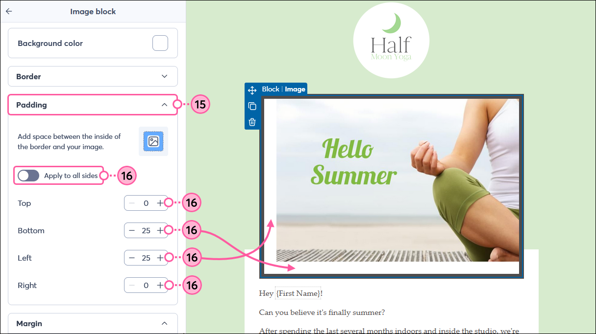 Panel del bloque de imagen con opciones Align (Alinear) y Round Corners (Redondear esquinas)