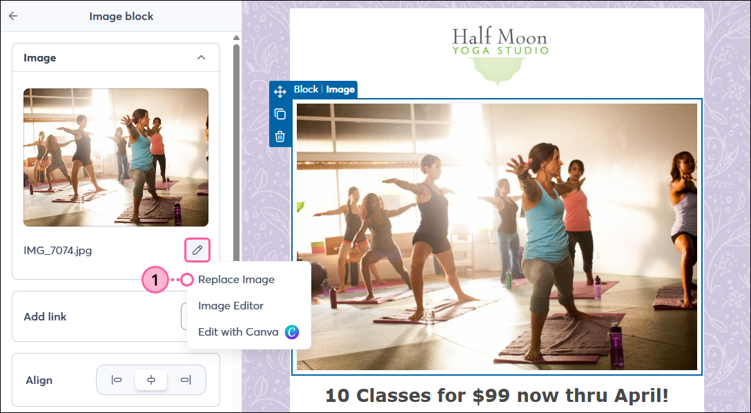 Email editor with image selected, Image block panel, pencil icon drop-down, and Replace Image option