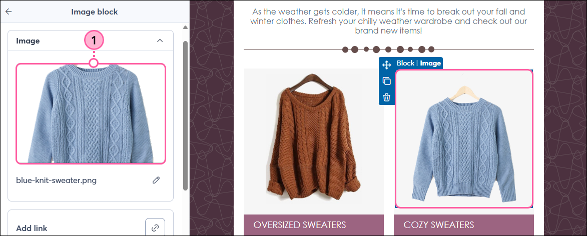 Image selected and Image block panel