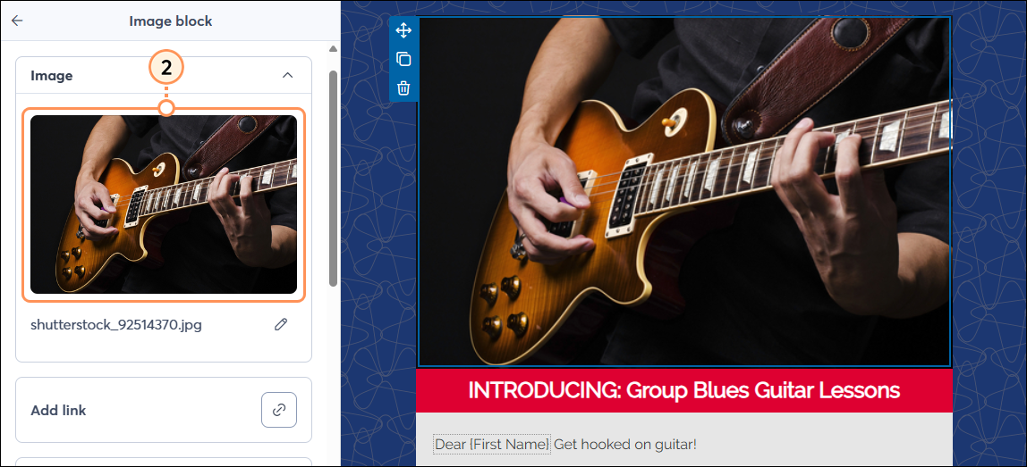 Email editor with Image block panel and image selected