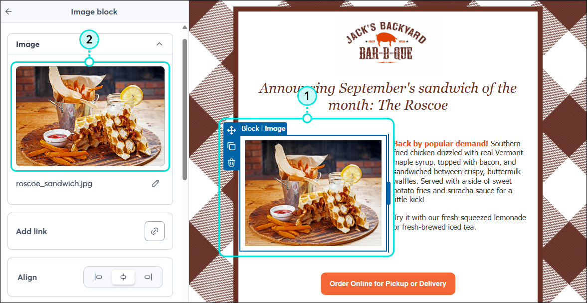 Editor de correo electrónico con el panel Image block (Bloque de imagen) y la imagen seleccionada