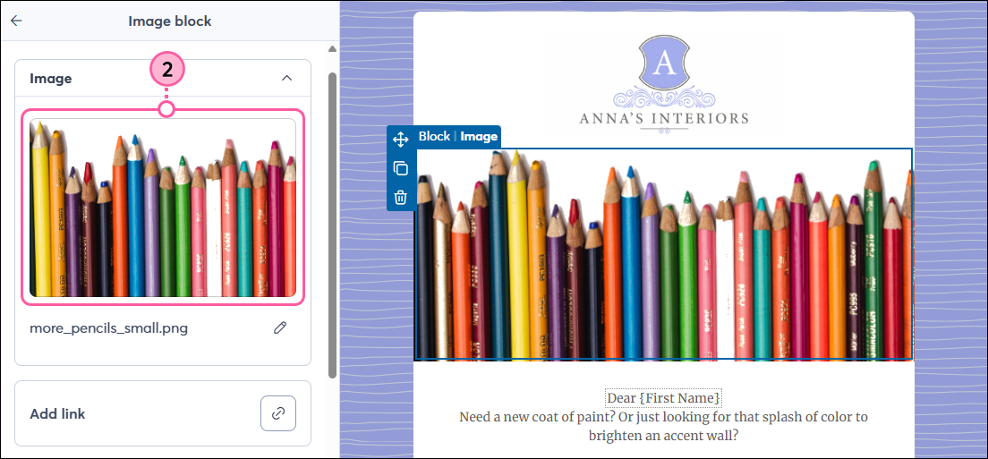 Editor de correo electrónico con el panel Image block (Bloque de imagen) y la imagen seleccionada