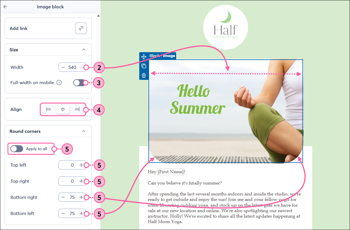 Image block panel with Align and Round Corners options