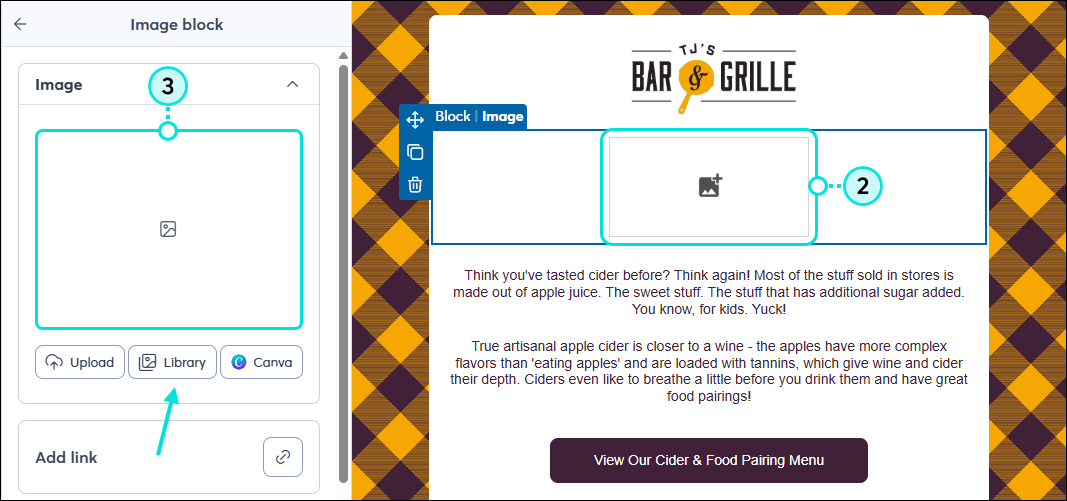 Email editor, image placeholder selected, and Image block panel with add image options