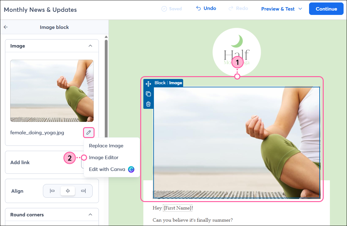 Image selected, Image block panel with pencil icon and Image Editor option in drop-down