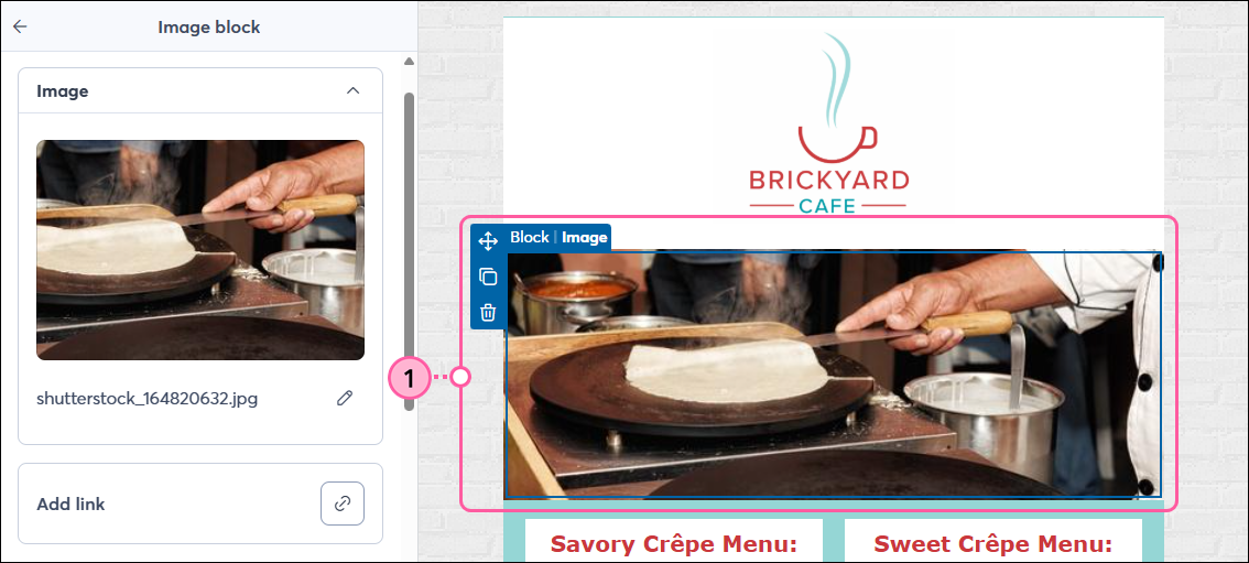 Email editor with image block selected