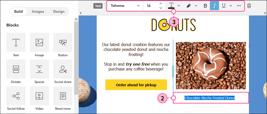 Text einer Bildunterschrift unter einem Bild mit Toolbar Text