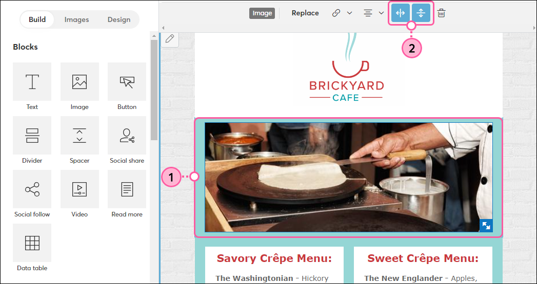 Email editor with image in template and Image toolbar visible with Horizontal padding and Vertical padding buttons
