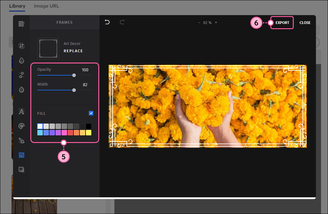 Editor de imágenes con opción de marco Art Decor seleccionada, opciones de ajuste Opacity (Opacidad) y Width (Ancho), opciones de color de relleno, vista previa de imagen con borde y botón Export (Exportar)