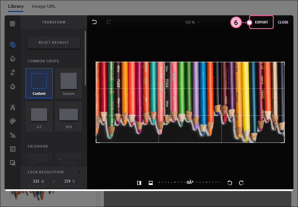 Image editor with image flipped horizontally, and Export option