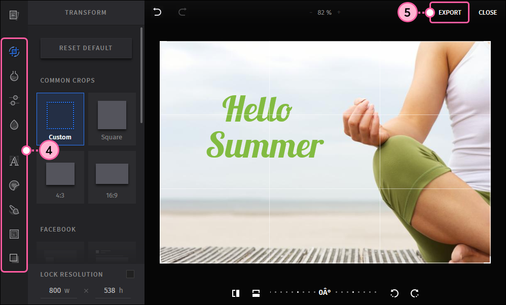 Menú de opciones Image Editor (Editor de imagen) y botón Export (Exportar)