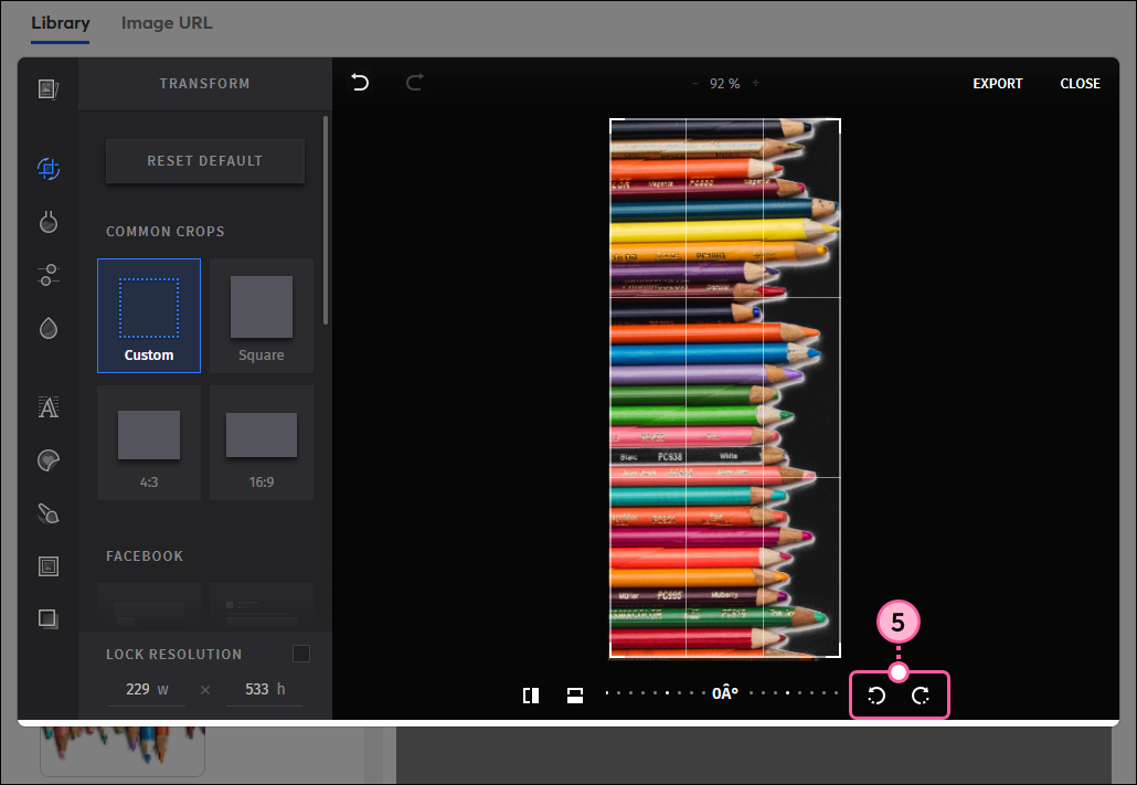 Image editor with Transform option selected, image rotated 90 degrees with rotation controls