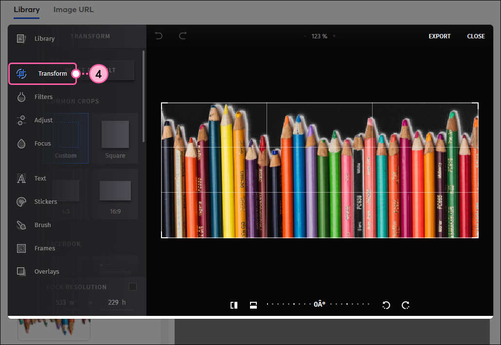 Insert Image overlay with image editor options menu expanded and Transform option selected