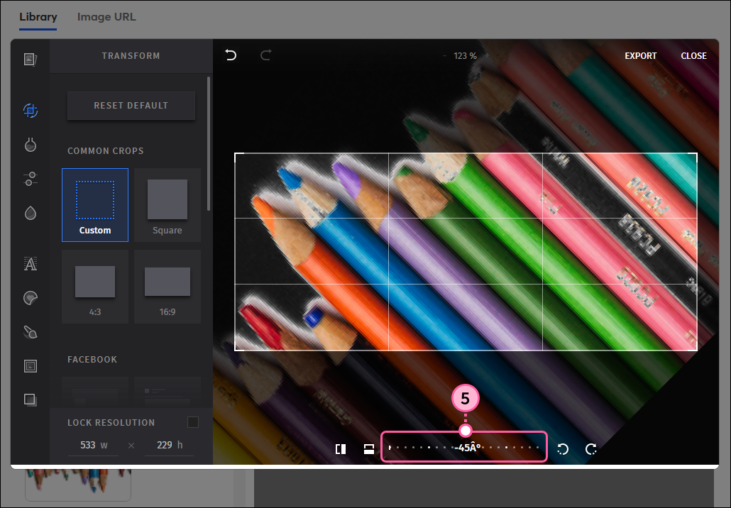 Image editor with Transform option selected, image rotated 45 degrees with rotation dial