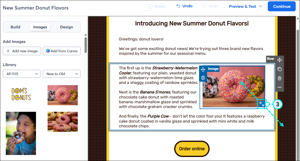 Email editor Images tab, image in template with resize drag handle showing