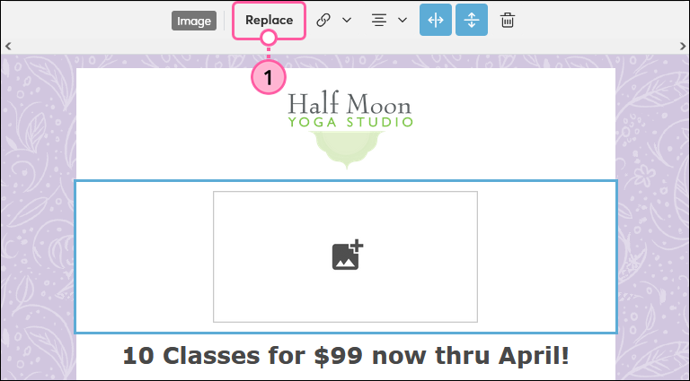 Image placeholder with toolbar and Replace button