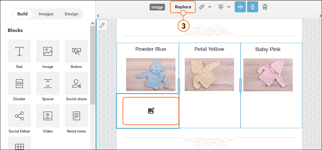 Email editor Build tab, with image placeholder and Image toolbar, and Replace button