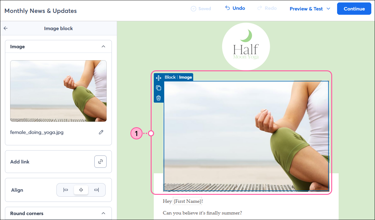 Email editor with image selected and Image block panel open