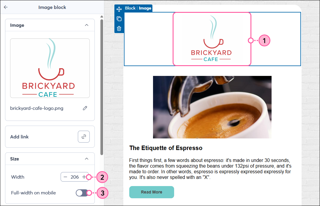Image selected and Image block panel