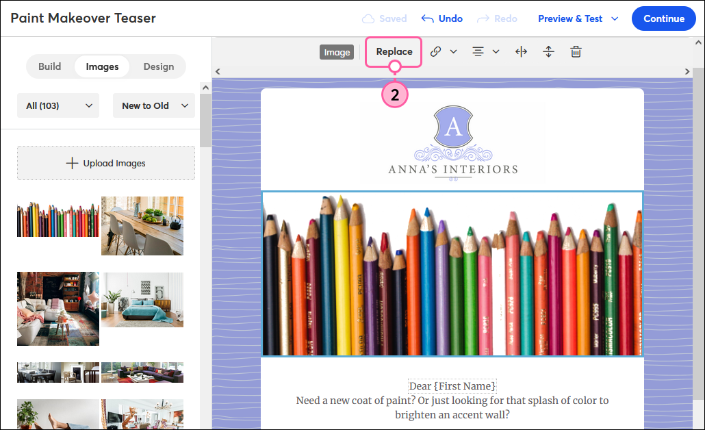 Email editor Images tab with unflipped image in template, and Images toolbar with Replace button