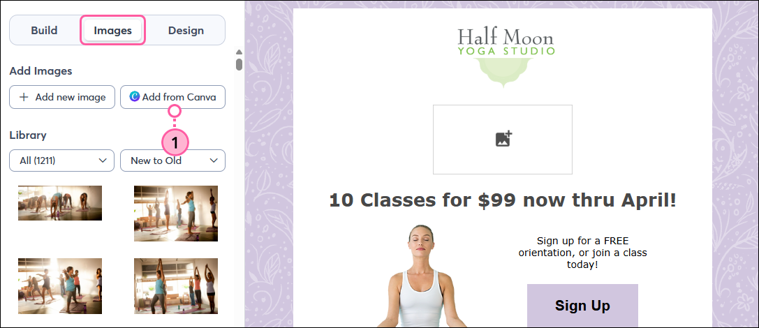 Email editor with Images tab and Add from Canva button