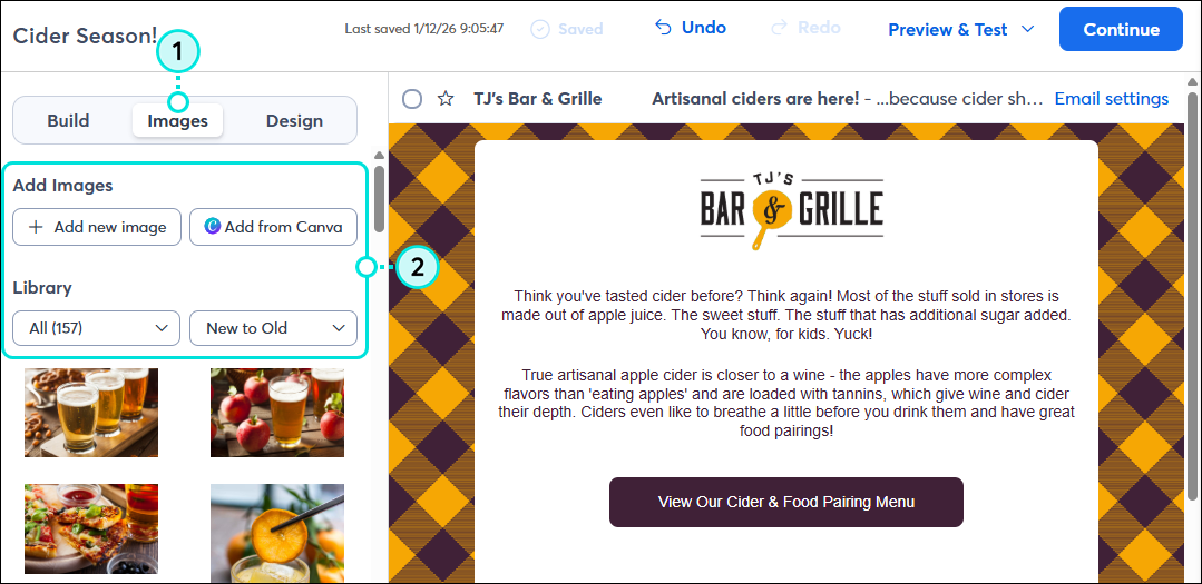 Email editor Images tab, Folder and Sort options, and Upload Images button
