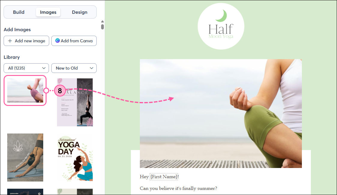 Email editor, Images tab, and image edited with Canva to insert